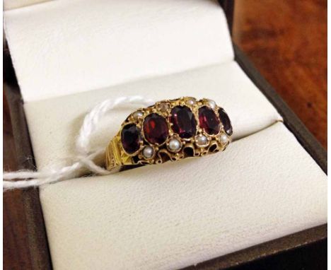 Antique Victorian 15ct gold garnet & seed pearl dress ring. Chester hallmark 1880. Set with 5 oval cut garnets approx 0.33ct 