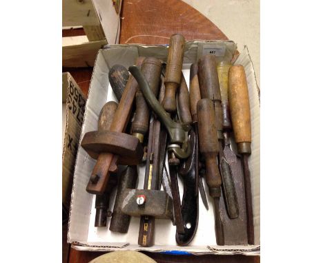 Collection of 16 vintage woodworking tools to include Sorby chisels.