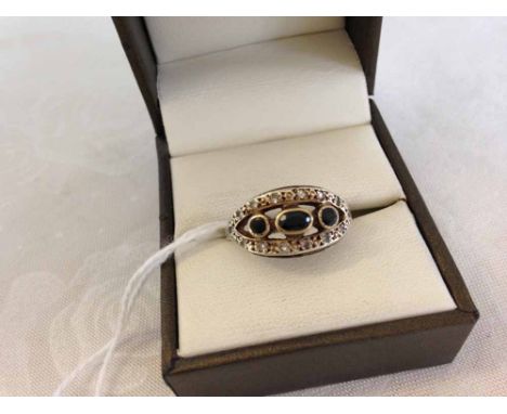 Art deco style 9ct gold ring set with 3 sapphires and diamonds weight approx 3.4g size T