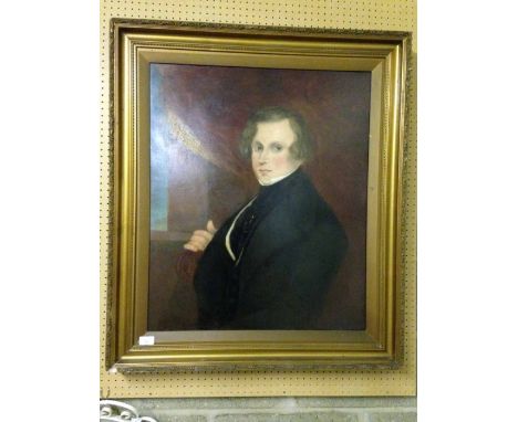 A framed oil on canvas - portrait of a gentleman 'Mr Williams' c1850. 37 x 32" - unsigned. Restoration to hand area.