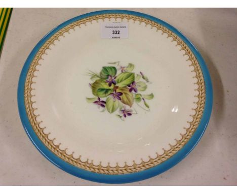 A 19th century hand painted plate with violet flowers to centre, light blue and guilded border, no makers mark only 7368 pain