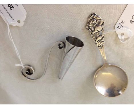 A Danish silver plated candle snuffer early 20th century possibly Jensen with a scandinavian white metal caddy spoon with bir
