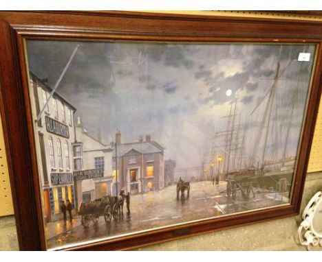 A large framed & glazed print of 'Poole Quay by Gaslight' by R Charman. 62 x 86cm.