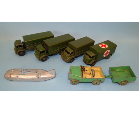 Dinky, 23M pre-war Thunderbolt Land Speed Record Car, army issues 622 (x2), 621 and 626, also 340 Land Rover and trailer, (no