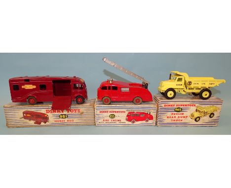 Dinky Supertoys:&nbsp;955 Fire Engine and 965 Euclid Rear Dump Truck, also Dinky Toys 981 Horse Box, (all boxed). 