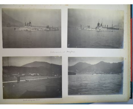 An Edwardian album of photographs, including five 8½x10½ photographs of Hong Kong, one of HMS Hermes at Calcutta and an R Ell