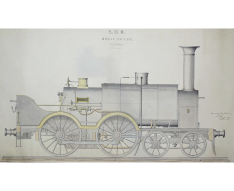 A 19th century pen, ink and wash scale drawing of an S.D.R. Bogie Engine "Orion", side elevation, scale 1½'' = 1foot, by W G 