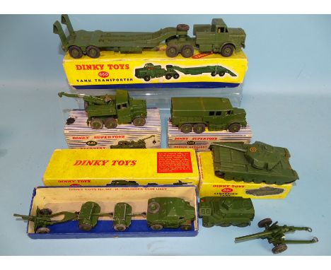 Dinky Toys, army issues: 651 Centurion Tank, 660 Tank Transporter, 697 25-Pounder Field Gun Set, 661 Recovery Tractor and 689