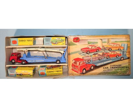 Corgi, Gift Set 28, Carrimore Car Transporter with Bioford Tractor and four cars: 2118 Studebaker "Golden Hawk", 222 Renault 