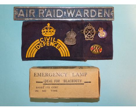 A Plymouth VTC 1915 cap badge by J R Gaunt, a silver ARP badge, a 'For Home and Country' badge, a Civil Defence Corps badge, 