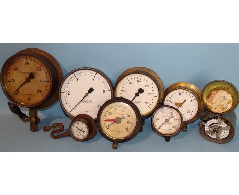 A brass-cased pressure gauge by Hyson 0-120 lbs.pr, five others, an altitude gauge and a Horstmann timer, (8). 