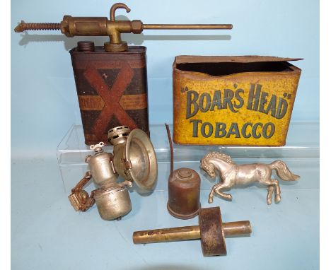 A Powell &amp; Hanmer "Panther" carbide bicycle lamp, a Redex oil dispenser and other items, (all a/f). 