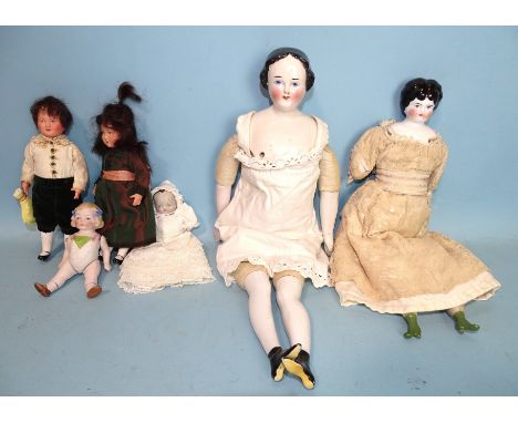 A German shoulder-head doll with cloth body and ceramic lower limbs, (one ankle a/f), 41cm, another, smaller, 33cm, a small a