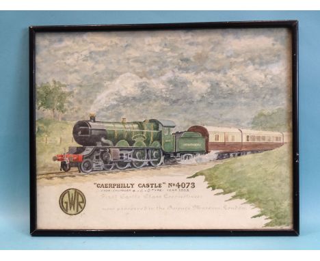 British, 20th century, a framed, unsigned watercolour "Caerphilly Castle" No. 4073, with inscription Four cylinder 4-6-0 type