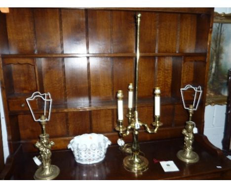 BRASS THREE BRANCH TABLE LAMP, a pair of brass table lamps (no shades) and a ceramic bowl (4) 