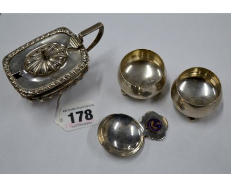 THREE MIXED SILVER CONDIMENTS, together with a plated Masonic caddy spoon 