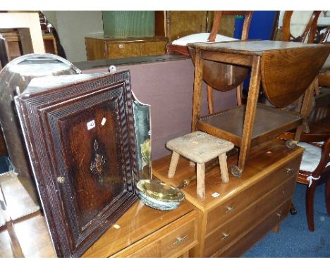 A SMALL HANGING CORNER CUPBOARD, oak tea trolley, stool and a warming pan (4)