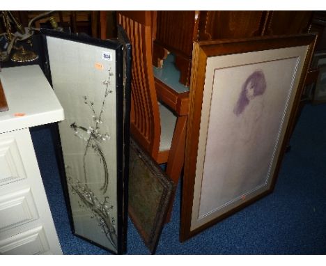 A SMALL TWO FOLD SCREEN, with silk inset panels, depicting fancy birds in branches, a large print and a 19th Century woolwork