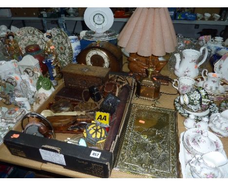 VARIOUS SUNDRIES, mantel clock (key and pendulum), table lamp, cameras, metalware, 'AA' badges etc (sd) 