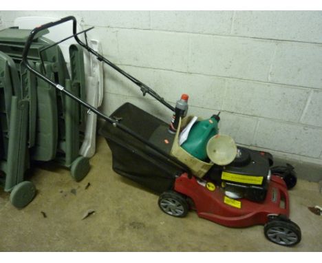 A MOUNTFIELD ROTARY PETROL LAWNMOWER, 39cm cut, with grassbox, petrol can etc