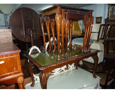 A MAHOGANY COFFEE TABLE, nest of three tables and a stool (3)