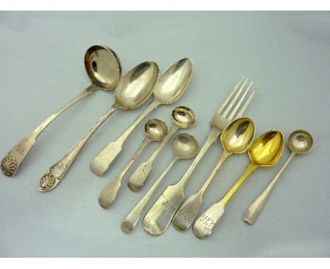 FOUR SILVER MUSTARD SPOONS, ladle, teaspoons, fork etc (10)