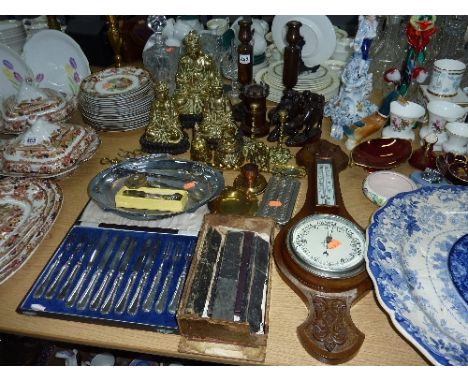 VARIOUS SUNDRY ITEMS, to include barometer, Oriental ceramics, brass Buddhas, flatware, razors etc 