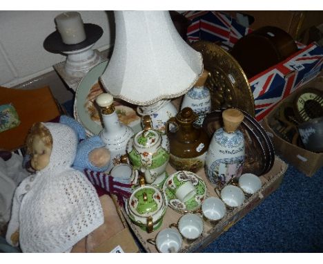 VARIOUS CERAMICS, COPPER PLAQUE, WHISKEY CONTAINERS, AYNSLEY LAMP, etc