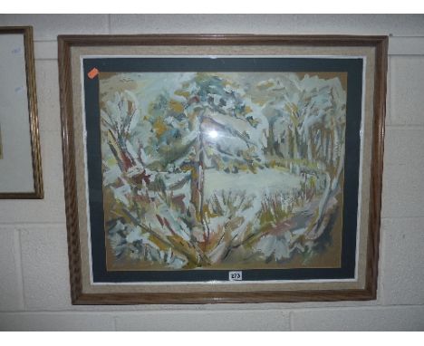 AN ABSTRACT OIL PAINTING, snowy scene, and a serpentine marble 'lighthouse' lamp (sd) (in aid of St Giles Hospice)