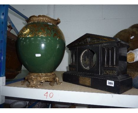 A SLATE MANTEL CLOCK CASE, and a large bulbous vase (2)