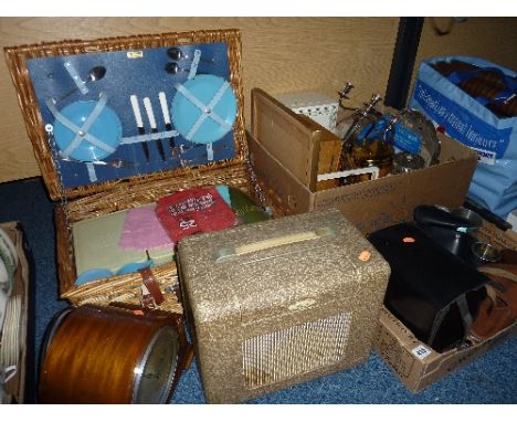 TWO BOXES AND LOOSE SUNDRY ITEMS, to include cameras, Bush radio, mantel clock (two keys and pendulum), Sirram picnic hamper,