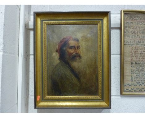 A GILT FRAMED OIL ON CANVAS, portrait of a gent, signed bottom left indistinctly, 27cm x 38cm