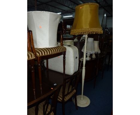 A STANDARD LAMP, with shade, three table lamps with shades and two suitcases (6)