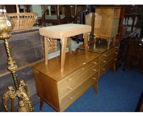 A TEAK DRESSING TABLE, chest of three drawers, bedside cabinet and stool, (AC and Handcraft Quality Furniture labels attached