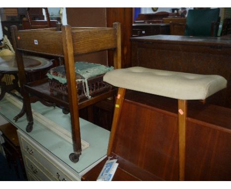 AN OAK TEA TROLLEY, Edwardian foot stool, nest of three tables and a retro stool (4)