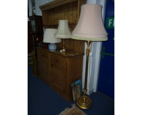 A GILT PAINTED STANDARD LAMP, with shade, two table lamps and two pictures (5)