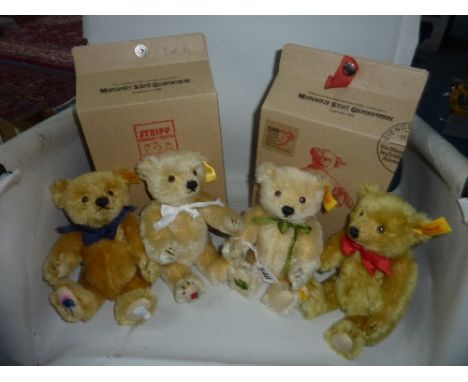 FOUR STEIFF CLASSIC U.K. BEARS with National emblem embroidered on foot, English/Rose, Scottish/ Thistle, Welsh/Daffodil and 