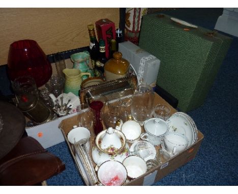 TWO BOXES AND LOOSE CERAMICS, GLASS, Sirram picnic set etc