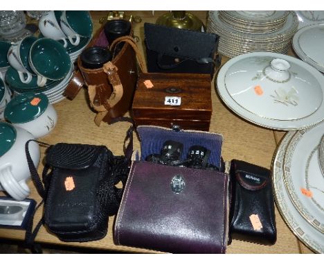 A TEA CADDY, three pairs of binoculars and two cameras