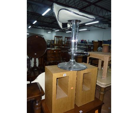 A PAIR OF MODERN LIGHT OAK DISPLAY STANDS, and a chrome stool (3)