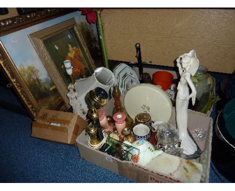 TWO BOXES AND LOOSE CERAMICS, candlestick telephone, glass, pictures, lamp etc