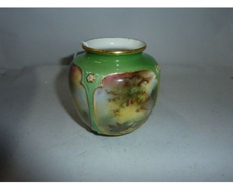 A ROYAL WORCESTER HADLEY WARE VASE, hand painted Peacock and foliage scenes, factory mark to base, height approximately 8cm