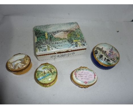 A LARGE BILSTON ENAMEL RECTANGULAR BOX, a Crummel's enamel box, both Ironbridge and three other Bilston enamel boxes (sd) (5)