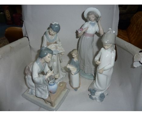 TWO LLADRO FIGURES, girl with pig and Oriental lady with pot (sd), together with three Nao figures (5)