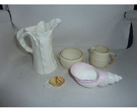FIVE VARIOUS PIECES ROYAL WORCESTER, to include miniature basket, shell, barrel shaped jug and bowl, etc