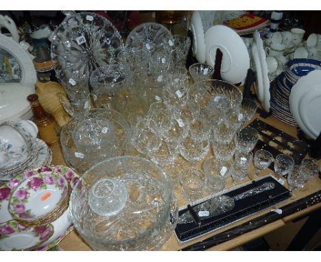 VARIOUS CUT GLASS, boxed silver handled cake slice, elephant handled walking stick and porcupine quill box