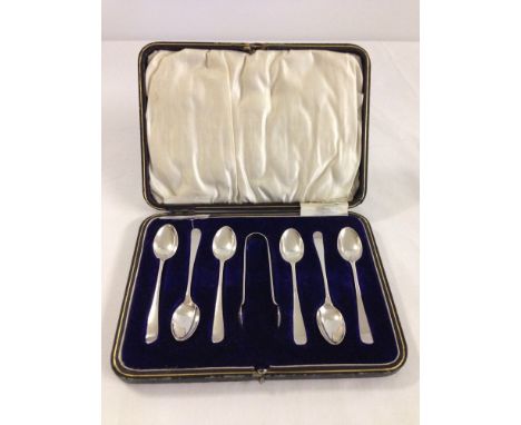 A cased set of 6 HM silver coffee spoons and sugar tongs, sheffield 1917, maker HW Ltd, weight approx 57g.