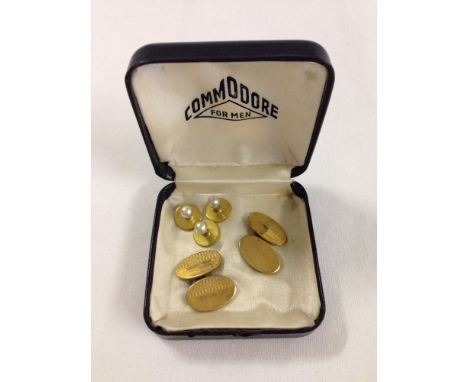 A pair of vintage rolled gold cufflinks with engine turned decoration and 3 shirt studs.