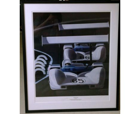 A framed & glazed modernist motor racing print signed by Phil Hill & Jim Hall 'Monterey Jazz' depicting 2 Chaparral racing ca
