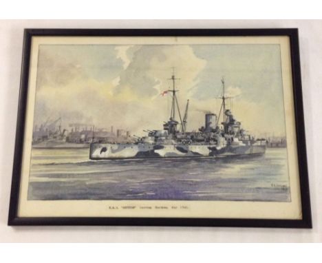 A framed & glazed watercolour of HMS Neptune leaving Chatham, May 1942 by J. R. Doming 1966. 28 x 39cm